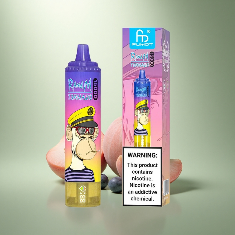 RandM Fumot Tornado 15000 Puffs Perzik Bosbes Snoep 25ml Mesh LCD