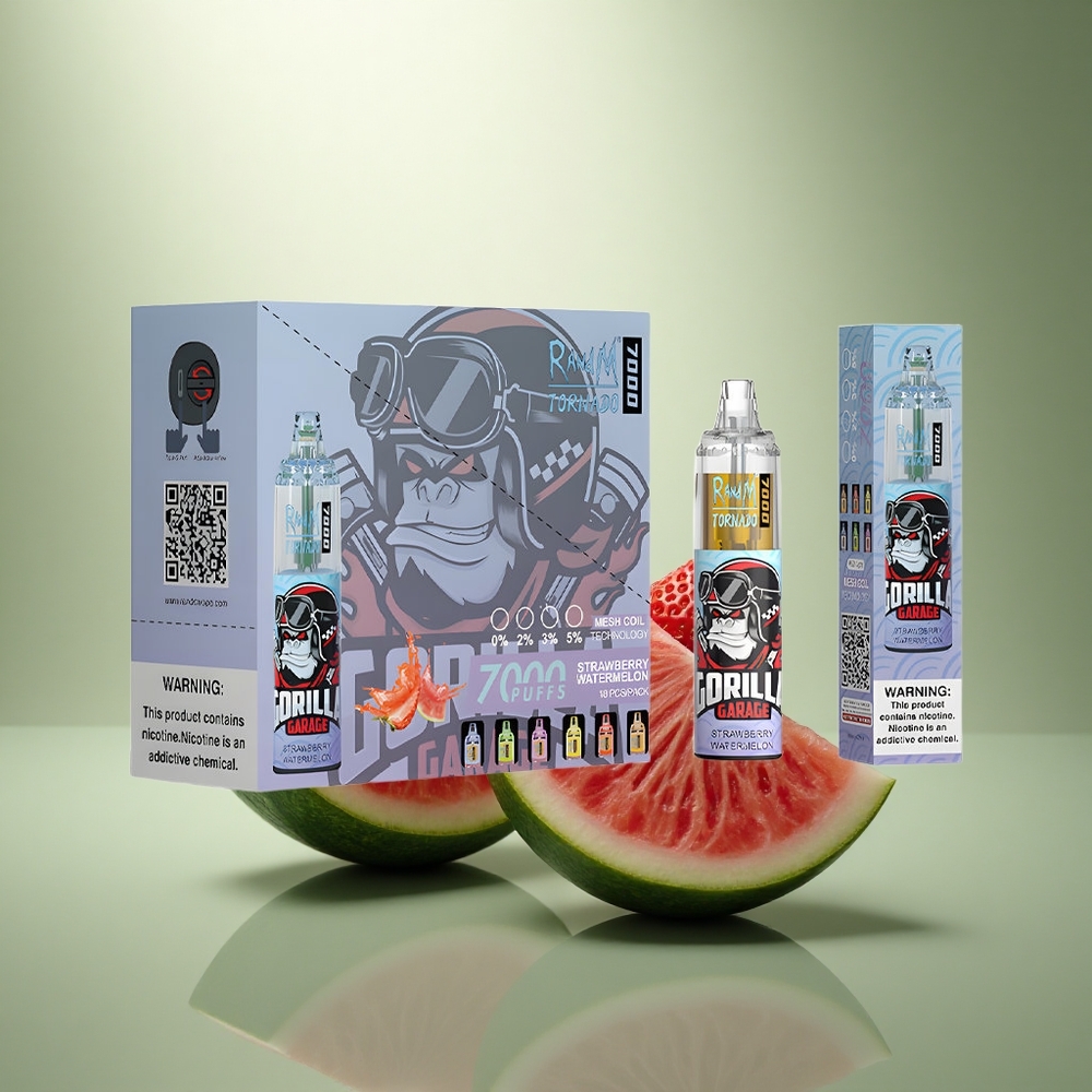 RandM Fumot Tornado 7000 Puffs Aardbei Watermelon Mesh Coil Type-C RGB Licht