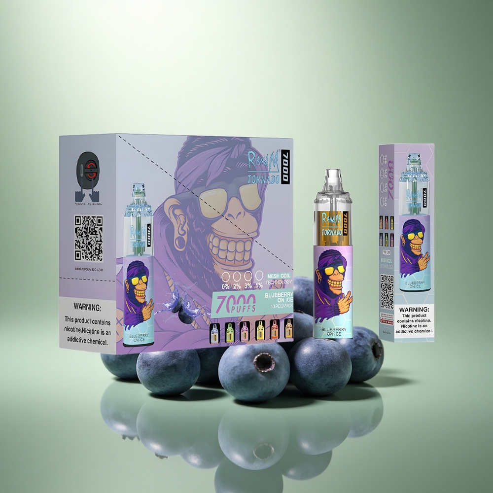 RandM Fumot Tornado 7000 Puffs Blauwebes Op IJs met Mesh Coil en RGB Licht