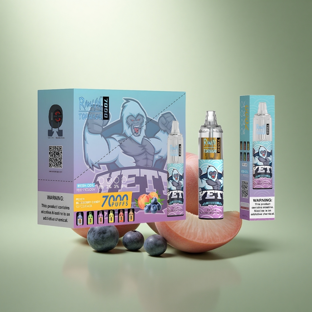 RandM Fumot Tornado 7000 Puffs Perzik Blauwe Bes Snoep met Mesh Coil en Type-C Port