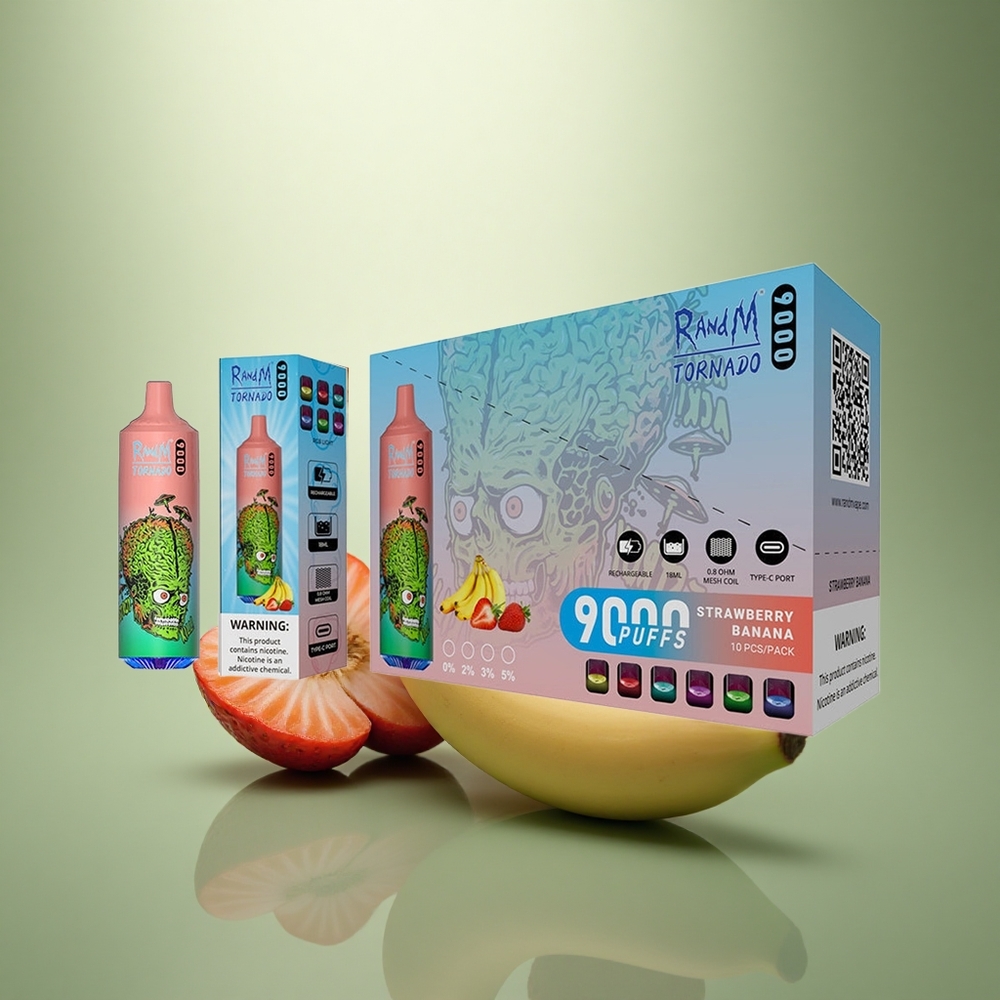 RandM Fumot Tornado 9000 Puffs Aardbei Banaan 850 mAh Mesh Coil RGB