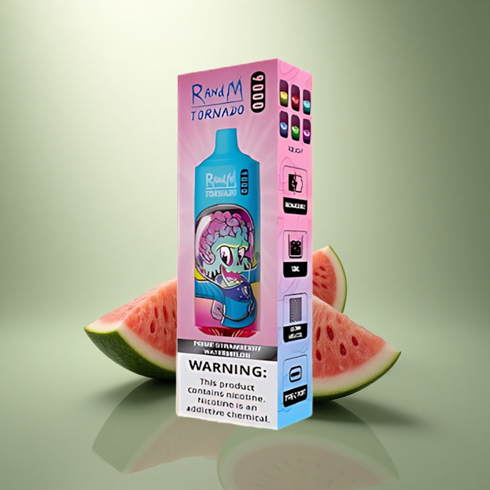 RandM Fumot Tornado 9000 Puffs Aardbei Watermeloen Mesh Coil RGB Display 18 mL