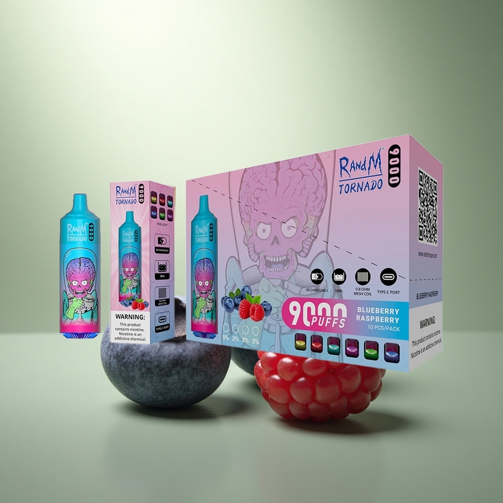 RandM Fumot Tornado 9000 Puffs Blauwe Bes Framboos Mesh 18mL RGB