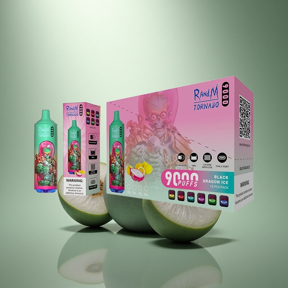 RandM Fumot Tornado 9000 Puffs Blauwe Razz Kush Mesh Coil RGB Display
