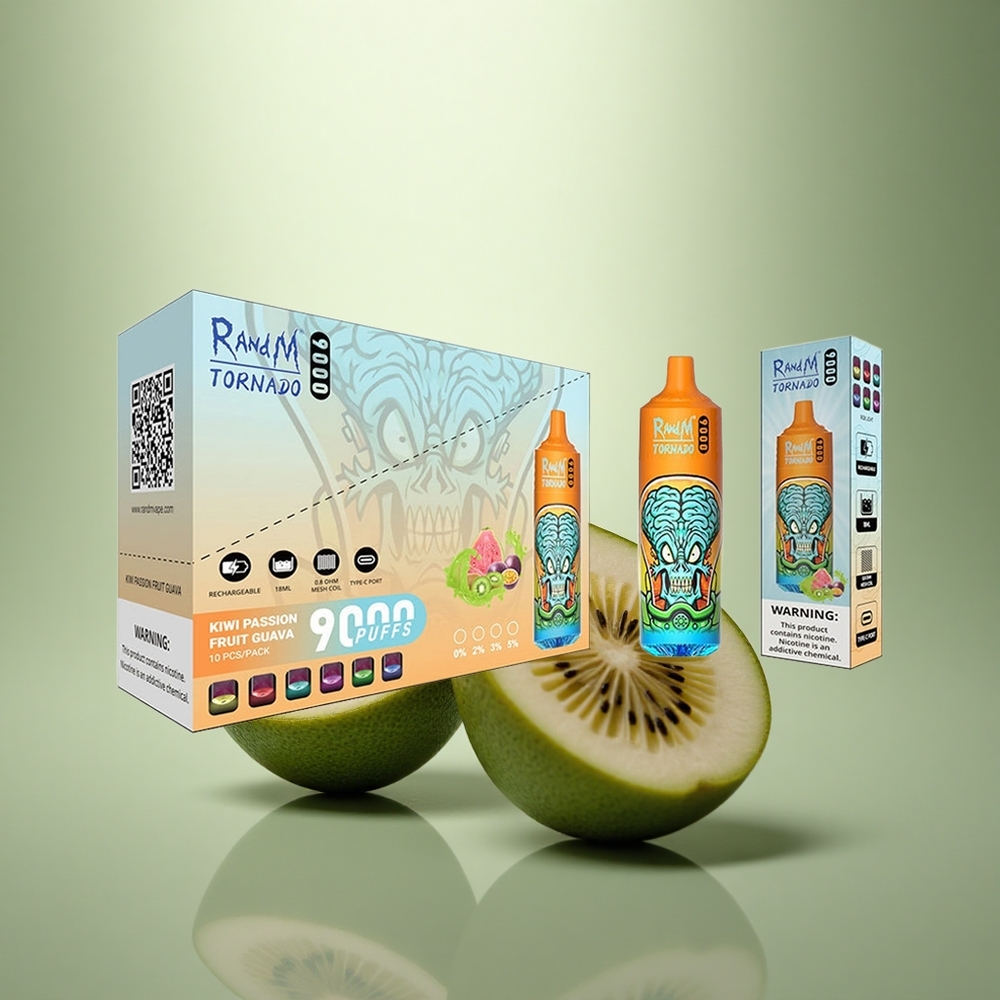 RandM Fumot Tornado 9000 Puffs Kiwi Passievrucht Guave met Mesh Coil en RGB Display
