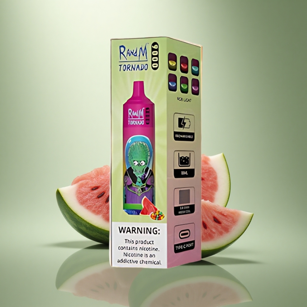 RandM Fumot Tornado 9000 Puffs Watermeloen Bubble Gum Mesh Coil RGB Display 18 mL